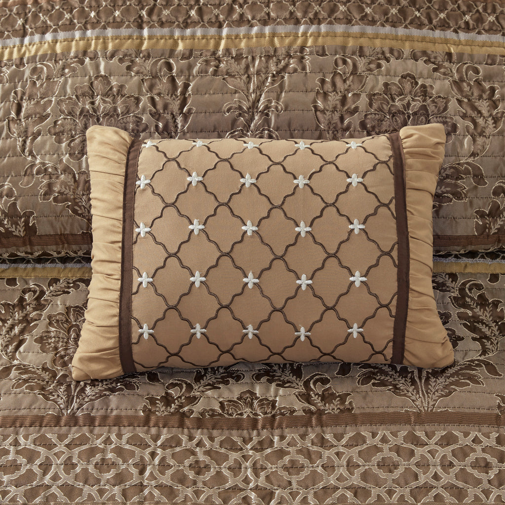 6 Piece Jacquard Quilt Set with Throw Pillows Brown/Gold King/Cal King