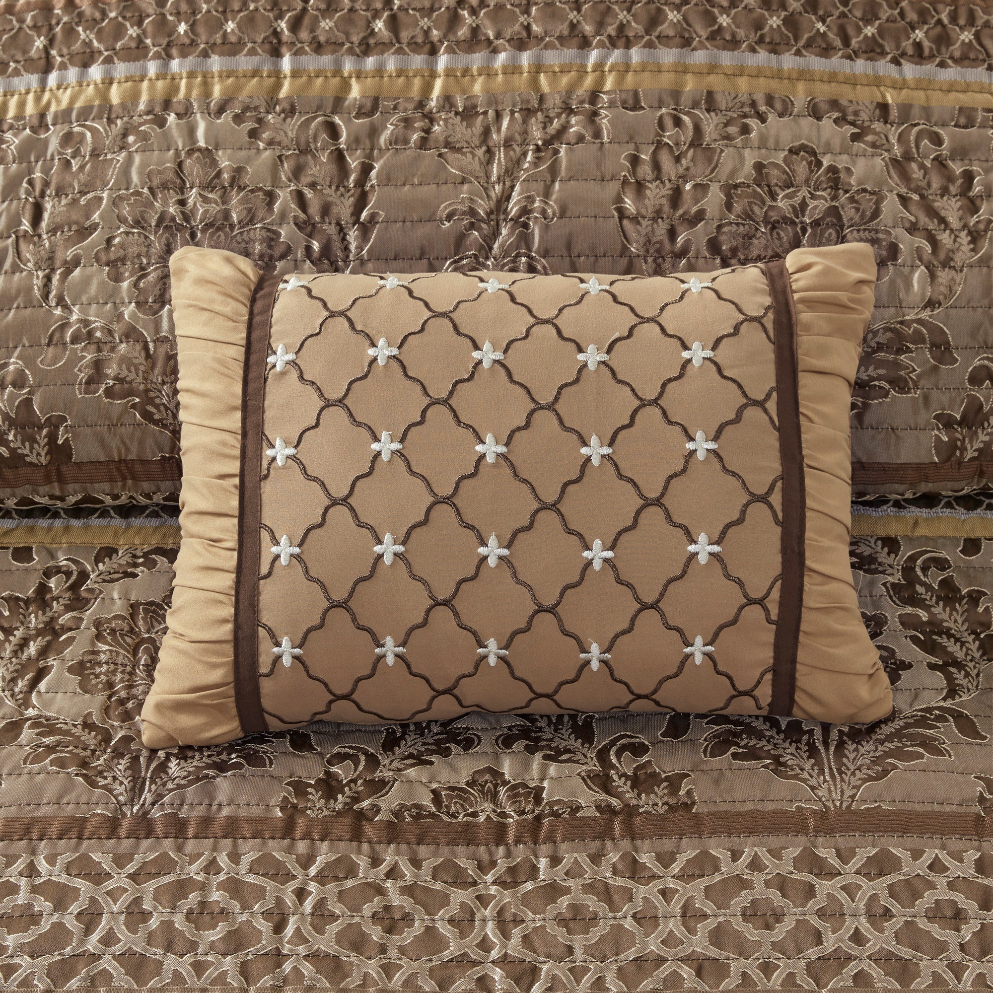 6 Piece Jacquard Quilt Set with Throw Pillows Brown/Gold King/Cal King
