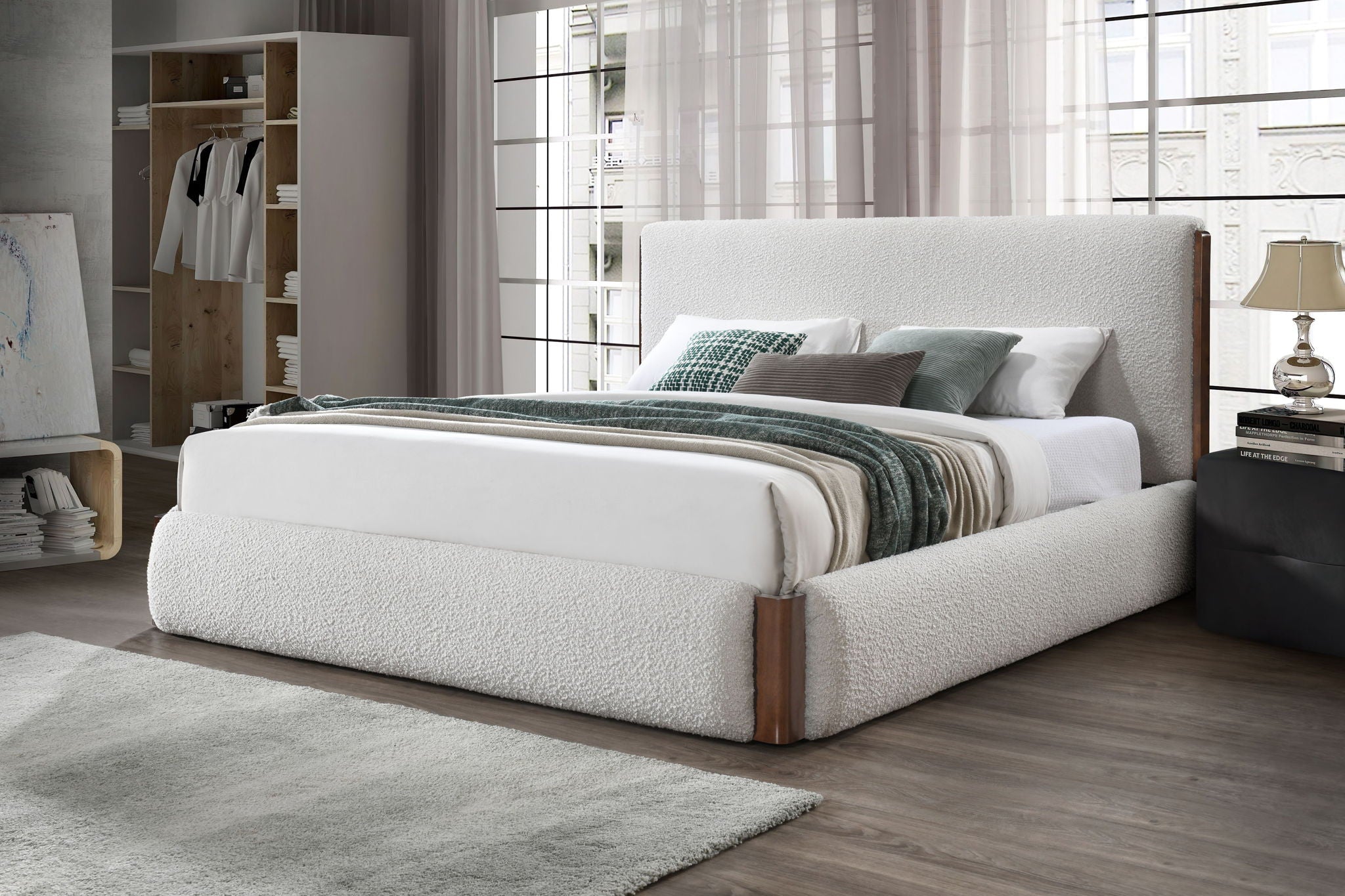 Sandro Eastern King Bed Boucle - Walnut / White