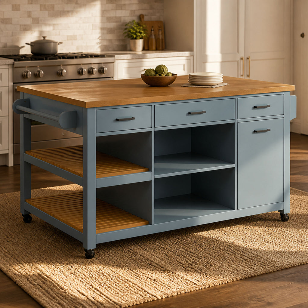 52" Kitchen Island Cart with Rubber Wood Top