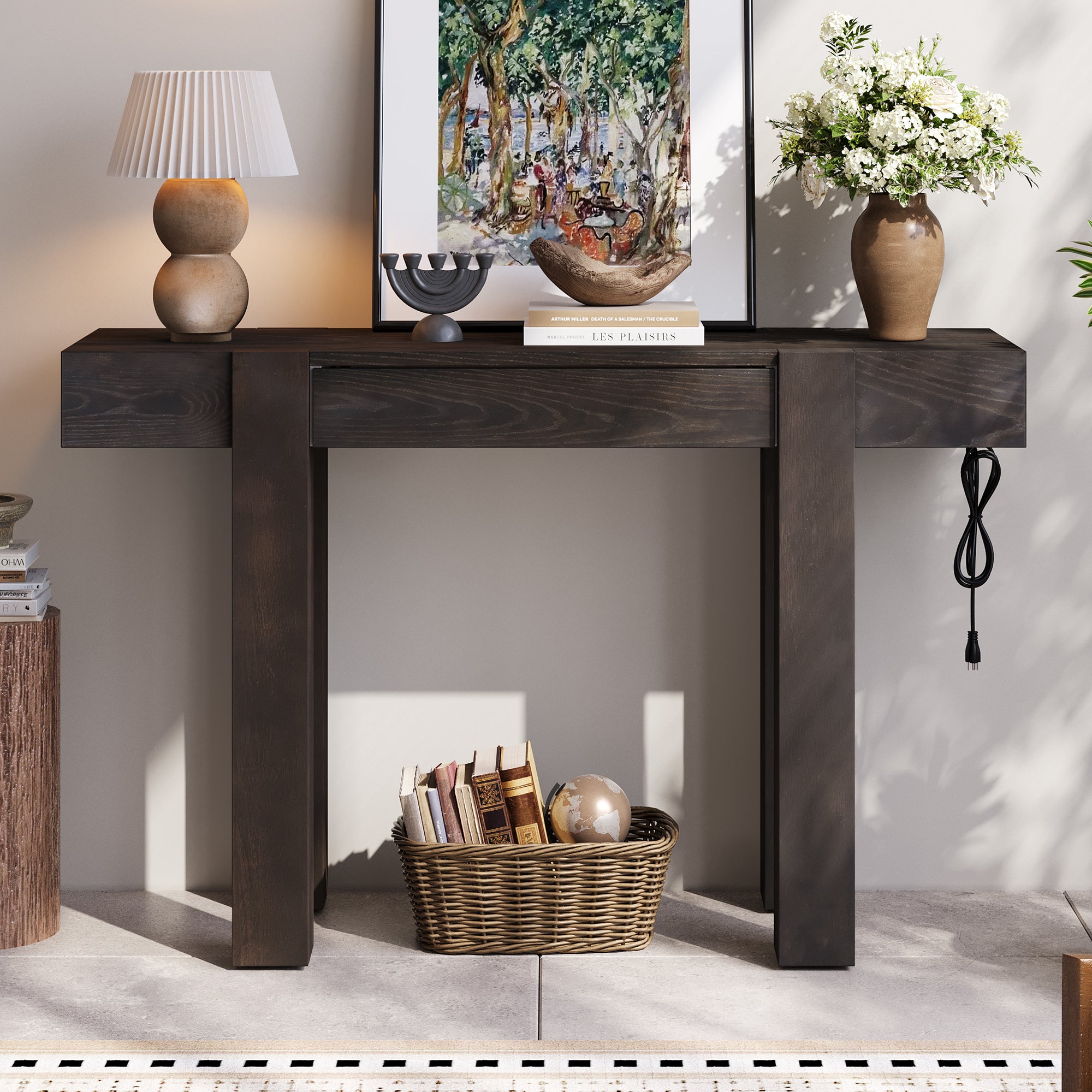 TREXM Rustic Minimalist Console Table with Hidden Drawer