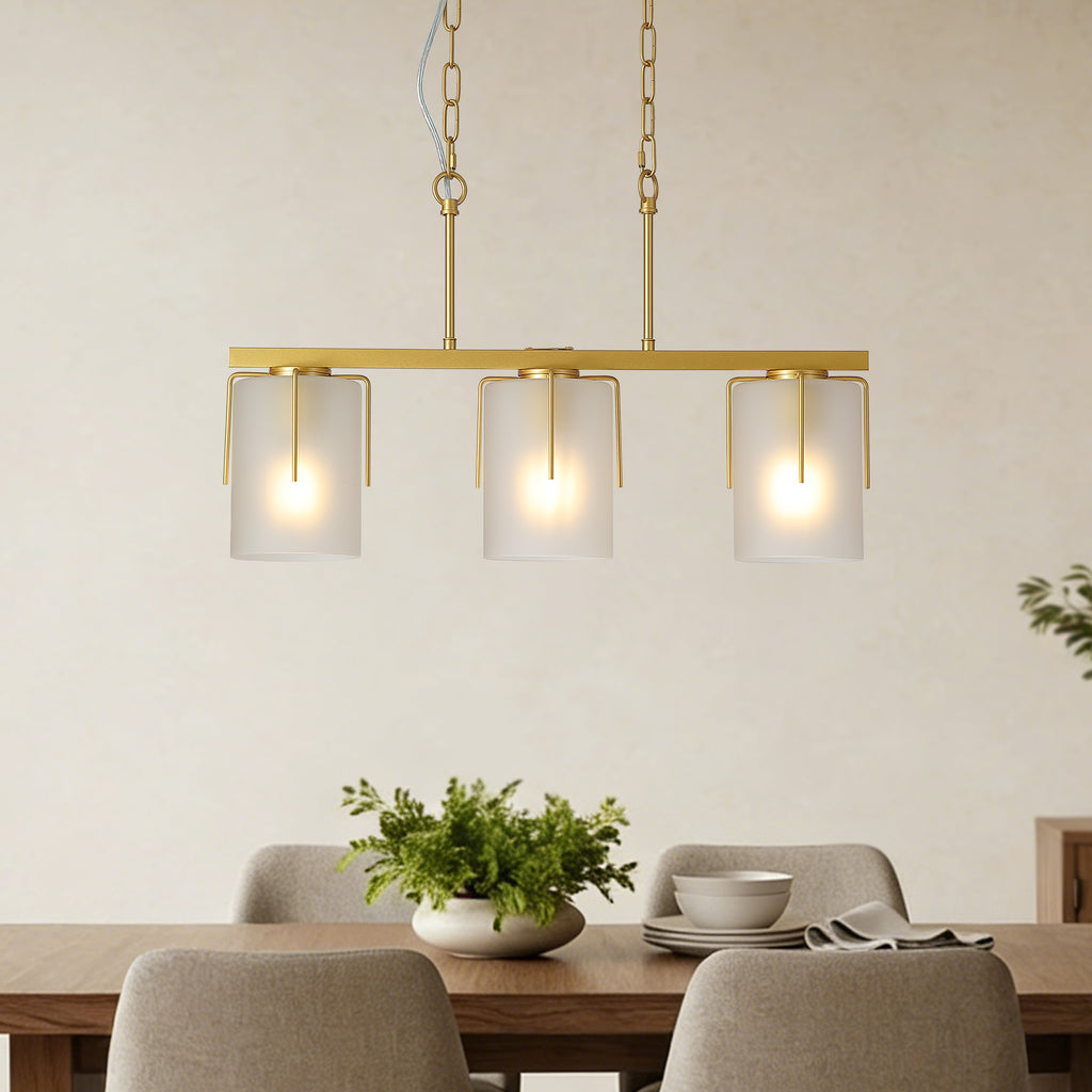 Modern Gold 3-Light Linear Chandelier with Frosted Glass Shades