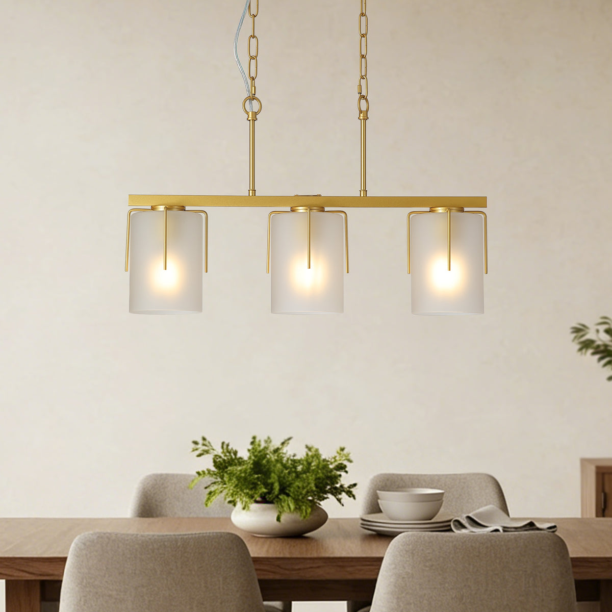 Modern Gold 3-Light Linear Chandelier with Frosted Glass Shades