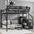 Full Size Loft Bed with Stairs and Storage Shelves