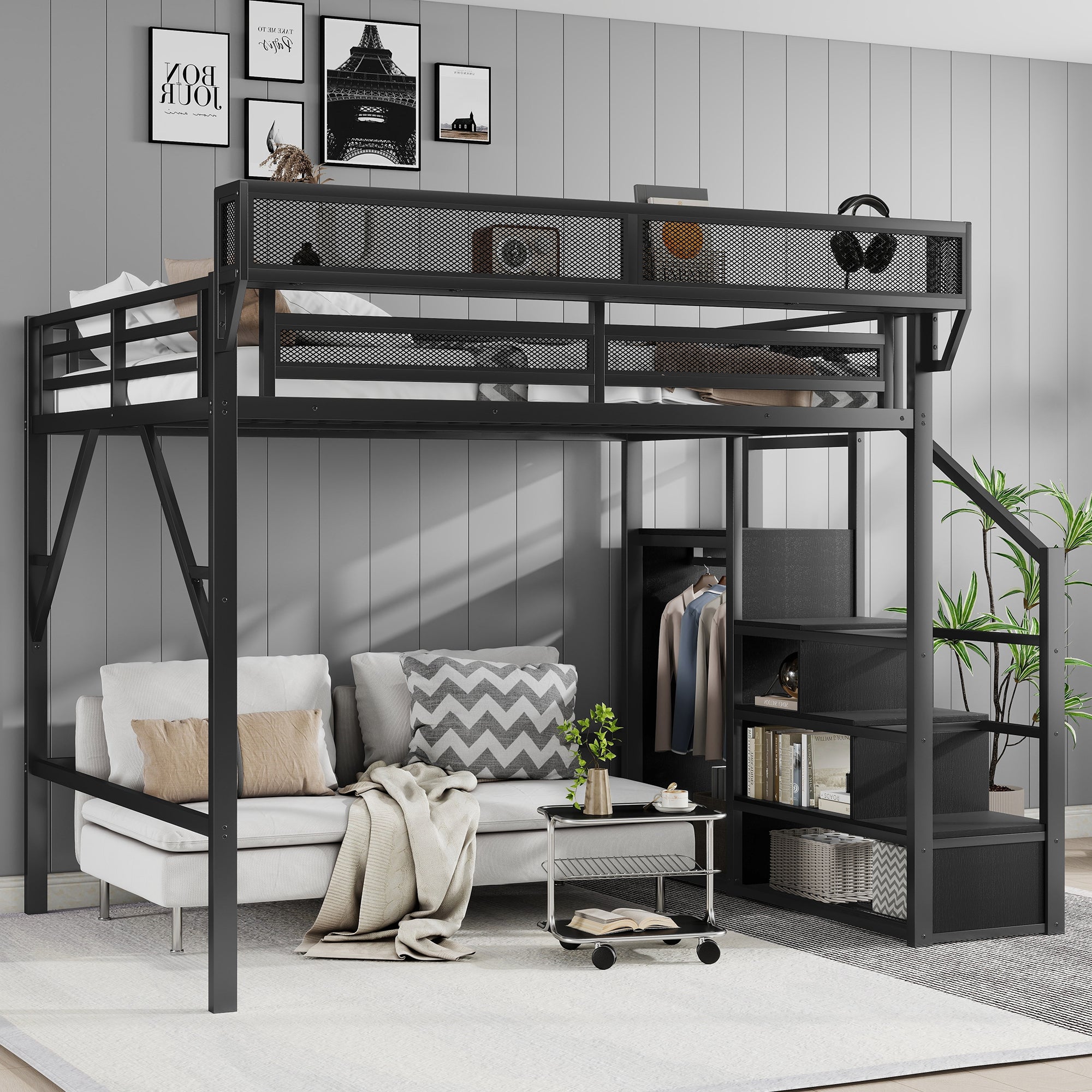 Full Size Loft Bed with Stairs and Storage Shelves