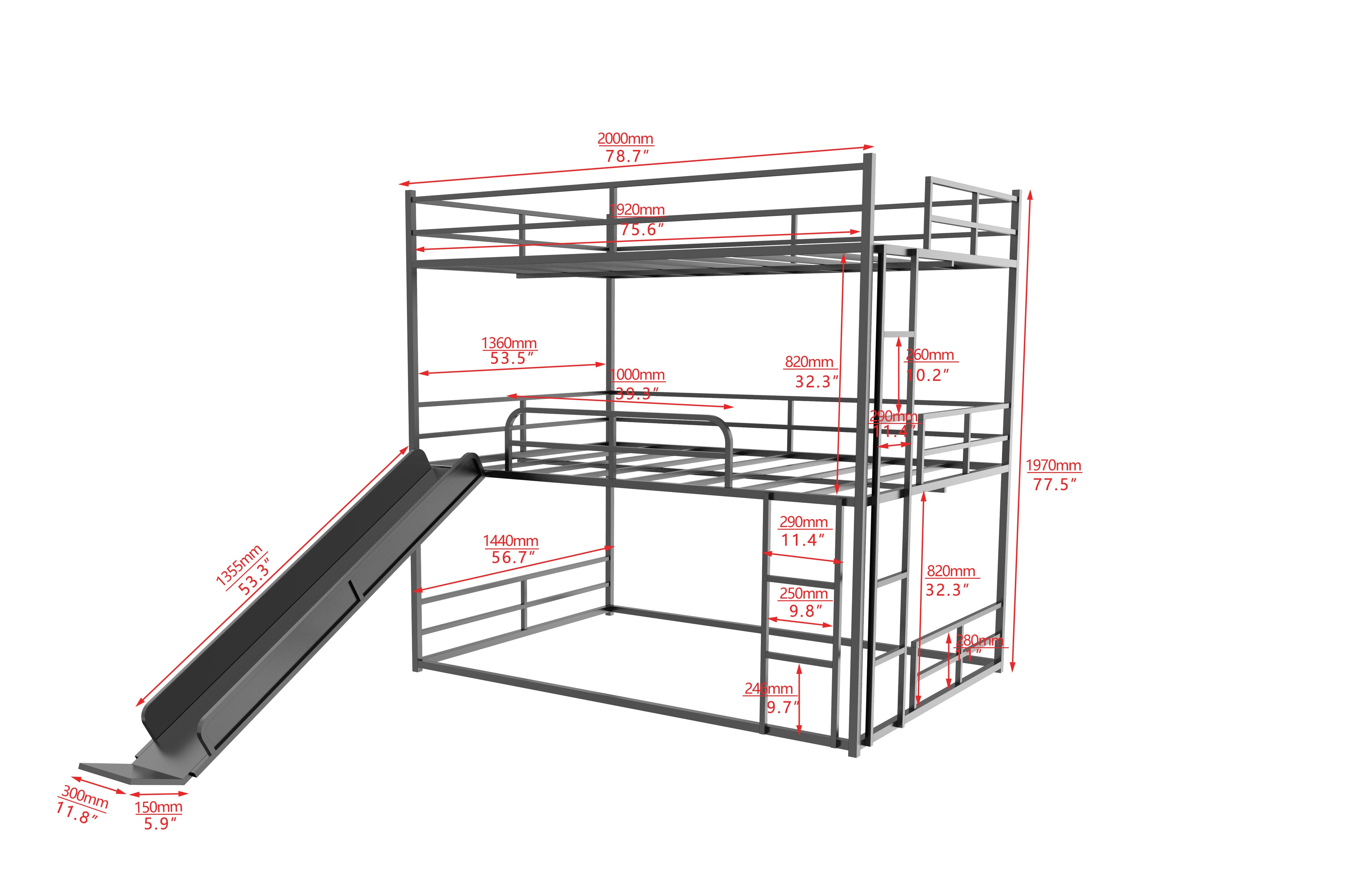 Metal Full Size Loft Bed with Slide and Ladder