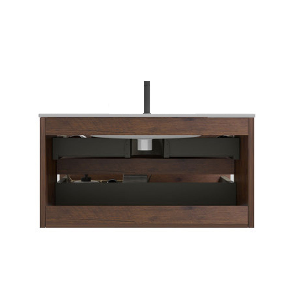TIA 36-Inch Wall-Mounted Bathroom Vanity, Walnut with Ceramic Sink