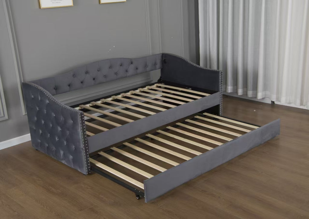 Twin Size Upholstered Daybed with Trundle and USB Charging Design