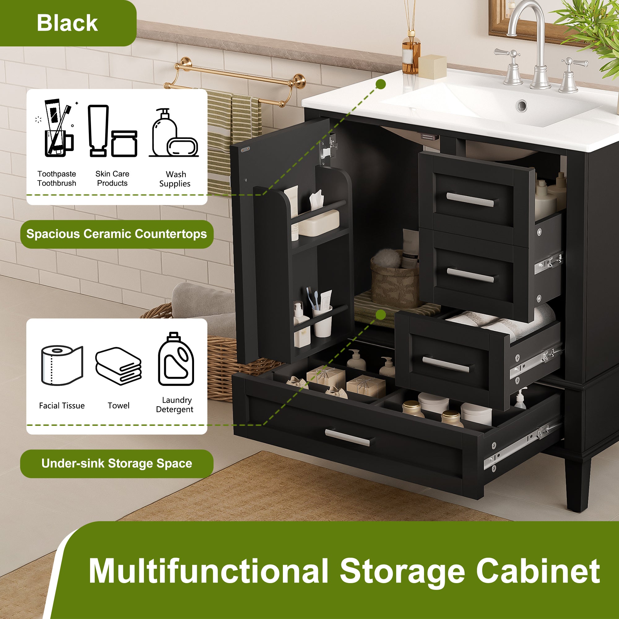 30" Bathroom Vanity, Modern Bathroom Cabinet with Sink Combo Set