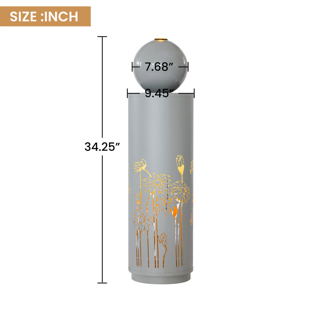 34.25"H Light Gray Metal Sphere-Top Fountain with LED Lights