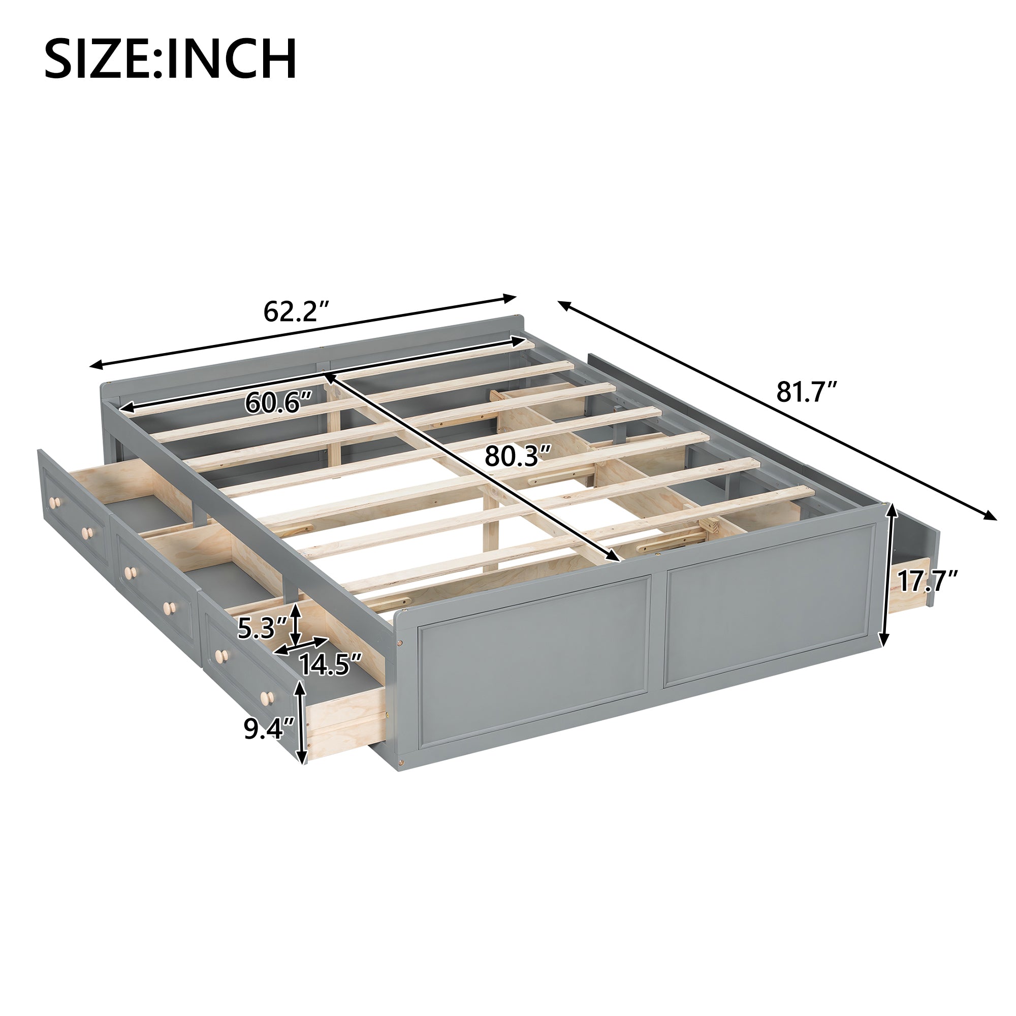 Wood Queen Size Platform Bed Frame with 6 Drawers