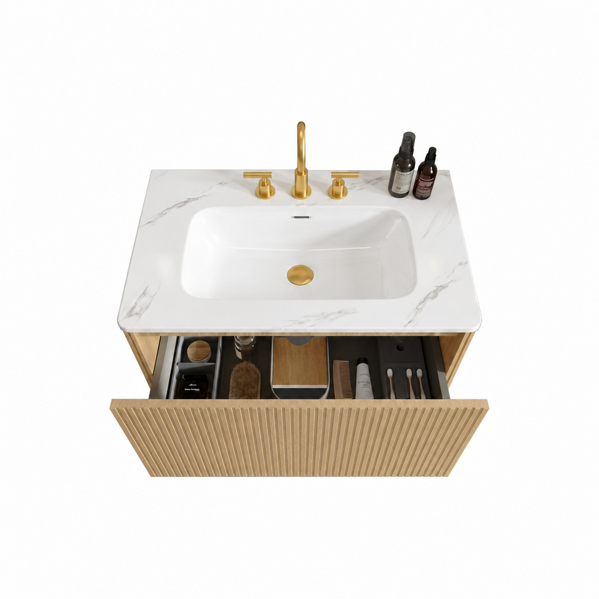 Etna 30-Inch Striped Light Oak Bathroom Vanity with Carrara White Ceramic Sink