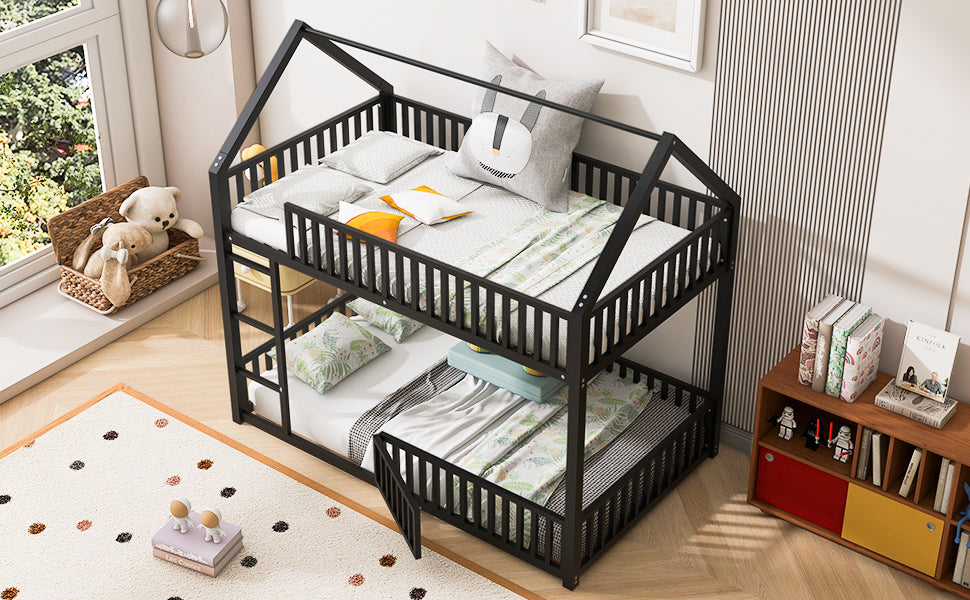Metal Twin Over Twin House Bunk Bed With Fence And Door
