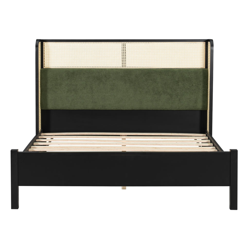 Queen Size Bed Frame with Green Upholstered Headboard