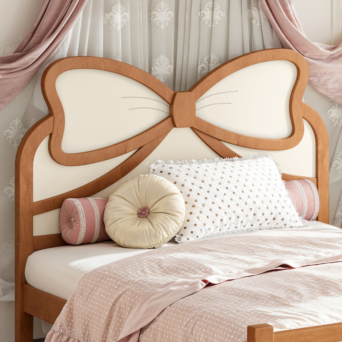 Full Size Wooden Platform Bed with Bow Headboard, Beige and Natural