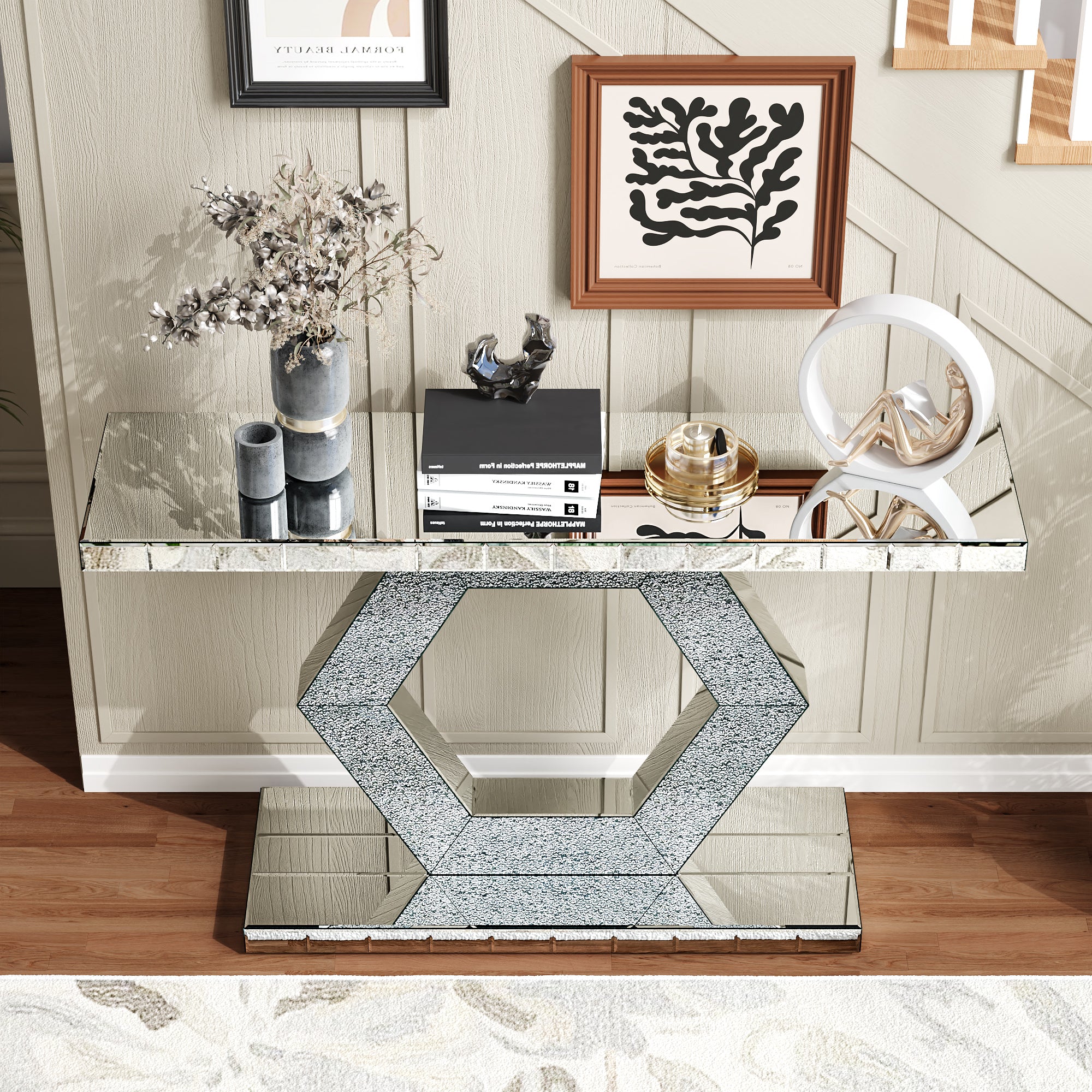 Sparkling Crystal Hexagon Mirror Entryway Console Table