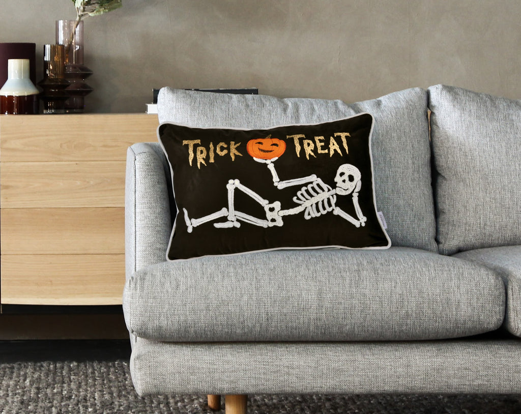 Trick or Treat Skeleton Velvet Throw Pillow – Halloween Lumbar Accent Set of 2