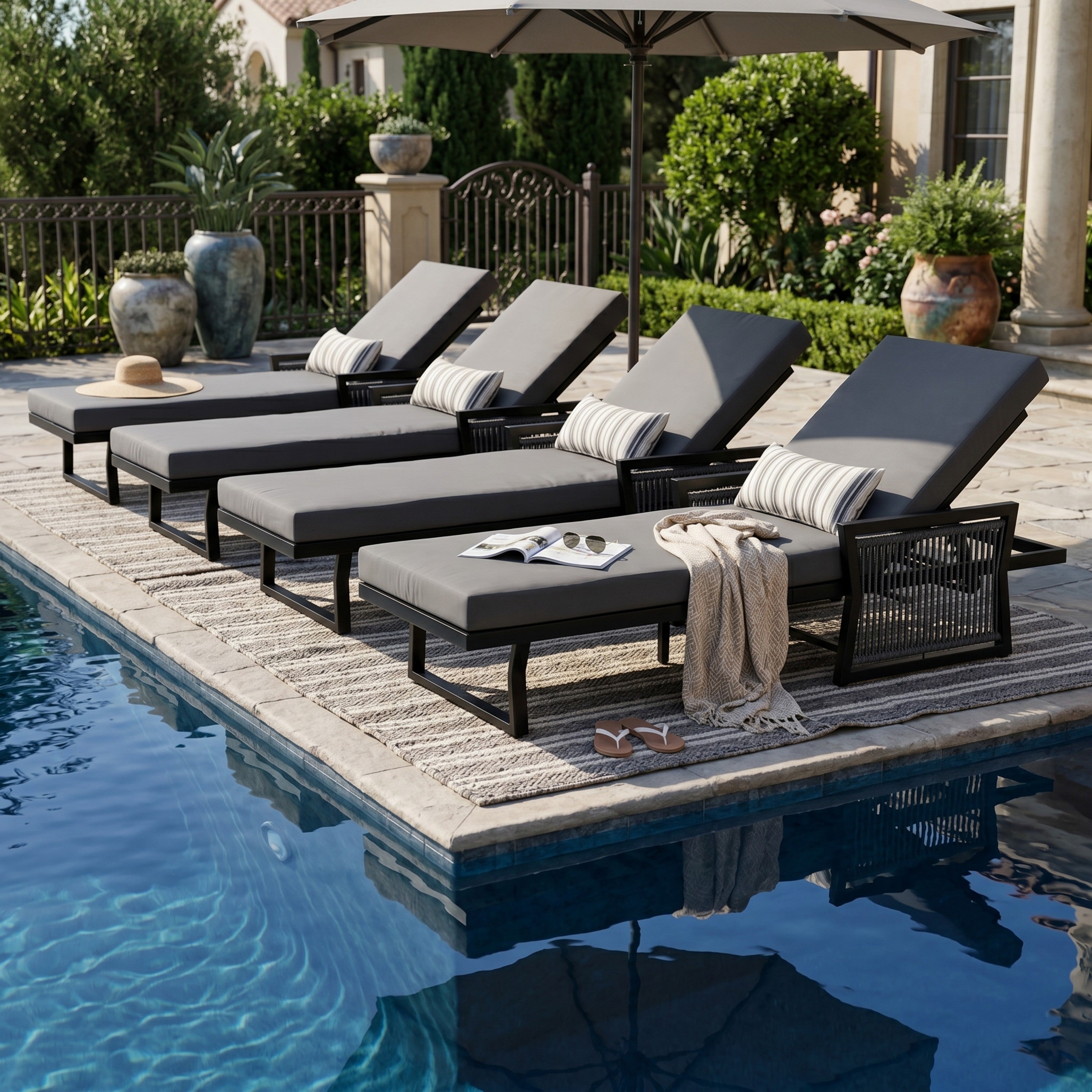 Black Iron Outdoor Chaise Lounge with Mixed Rope