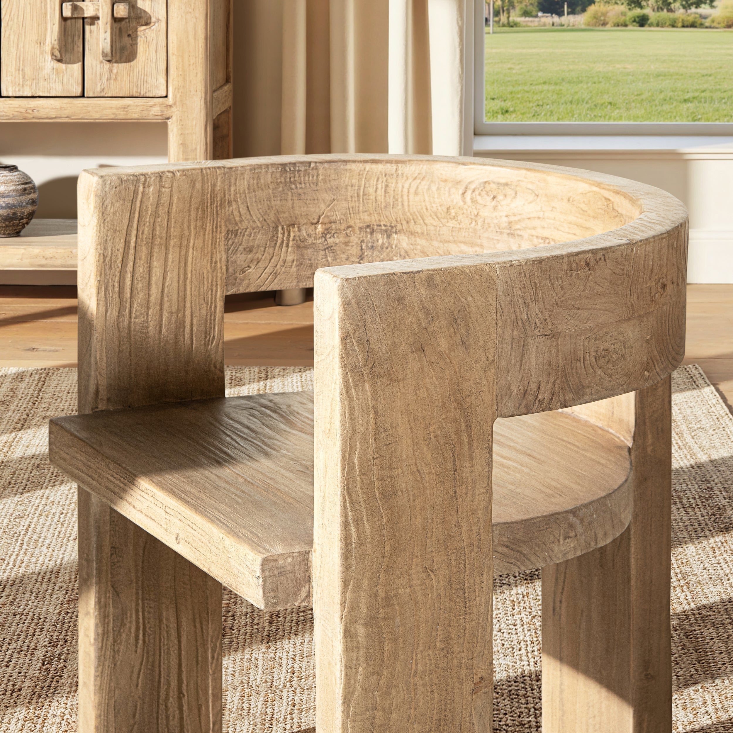 Soren Solid Reclaimed Elm Sculptural Accent Curved Dining Chair, Heritage Light Natural Brown