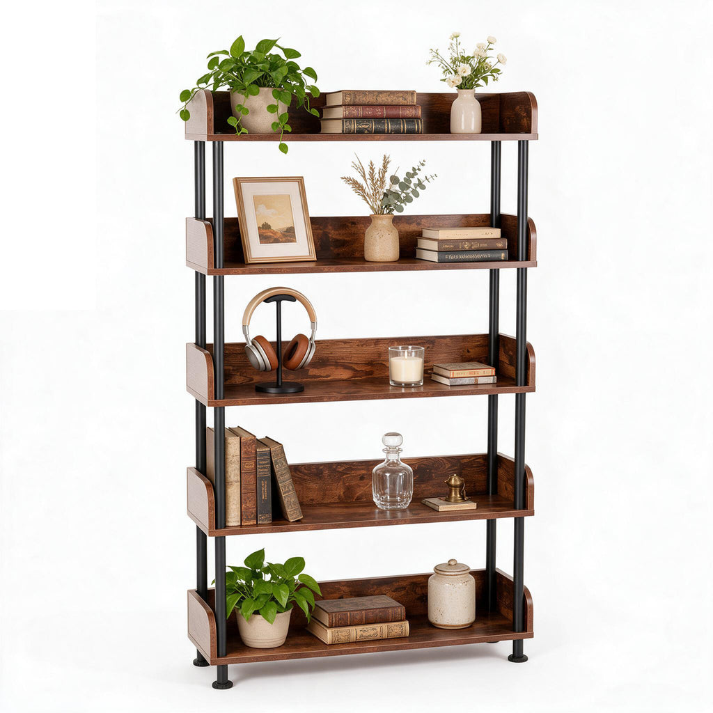 5-Tier Industrial Bookshelf - Open Rustic