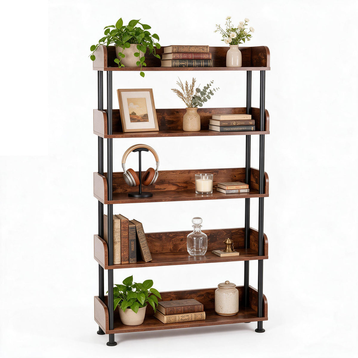 5-Tier Industrial Bookshelf - Open Rustic