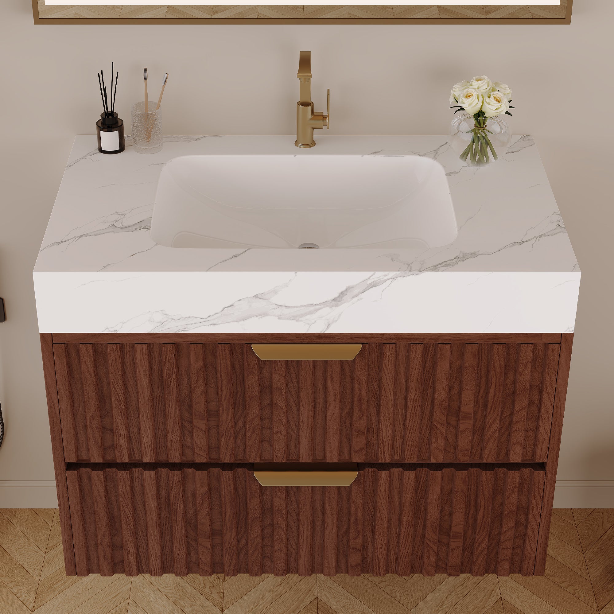 30" Modern Floating Bathroom Vanity with Seamless Sintered Stone Top
