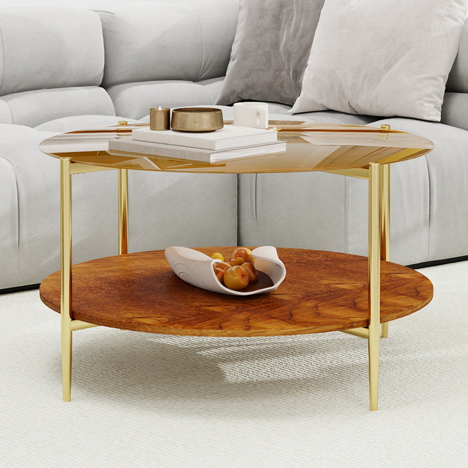 Luxurious Round Coffee Table with Gold-Tinted Tempered Glass Top