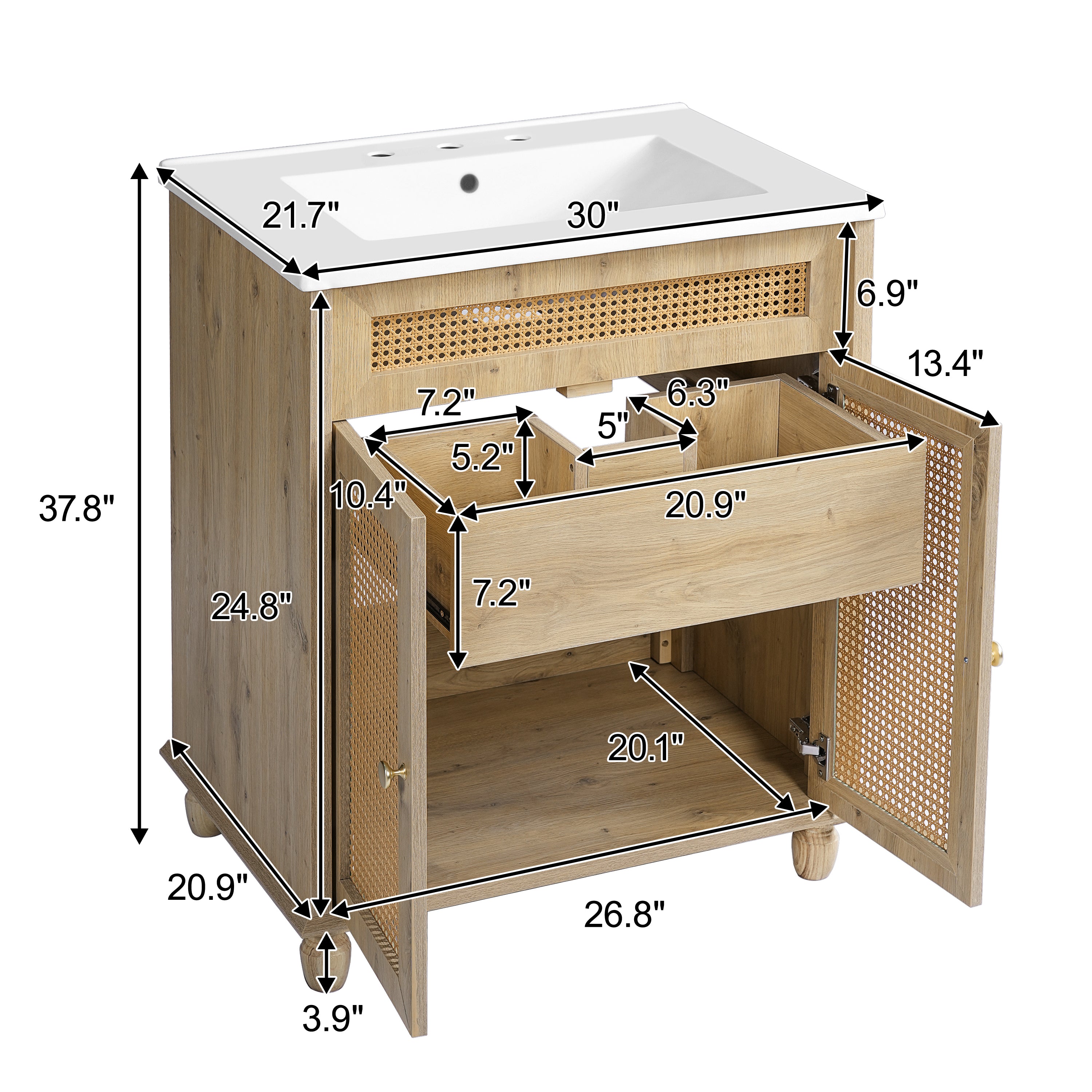 30-Inch Bathroom Vanity: Handwoven Rattan Doors, Solid Wood Legs & Resin Basin