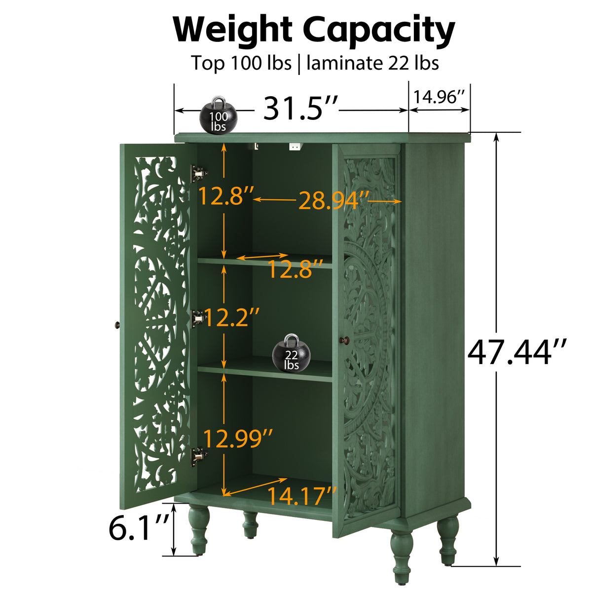 Tall Accent Cabinet with Carved Double Doors, Antique Green, 47-Inch