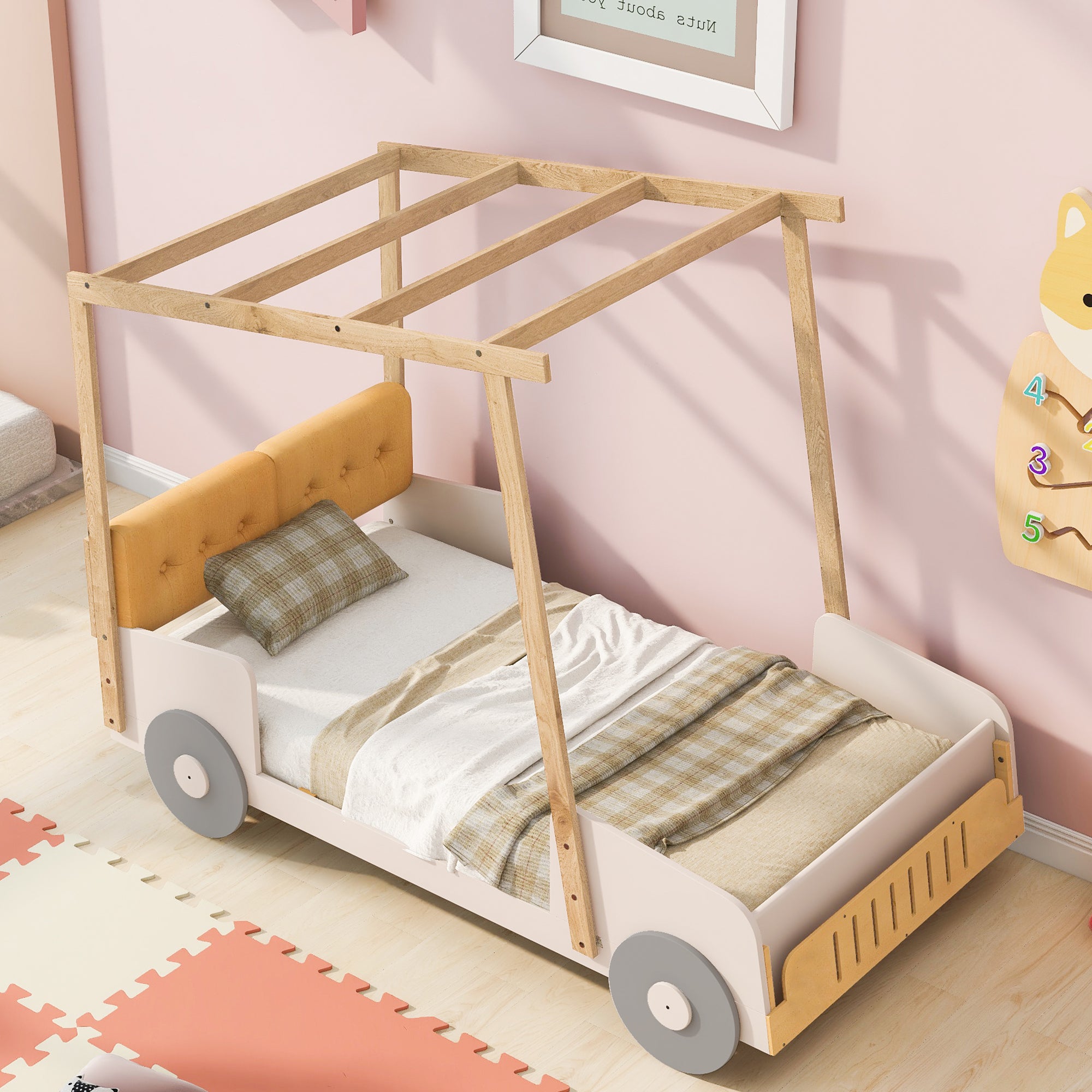 Wood Twin Size Car Bed with Pillow and Ceiling Cloth