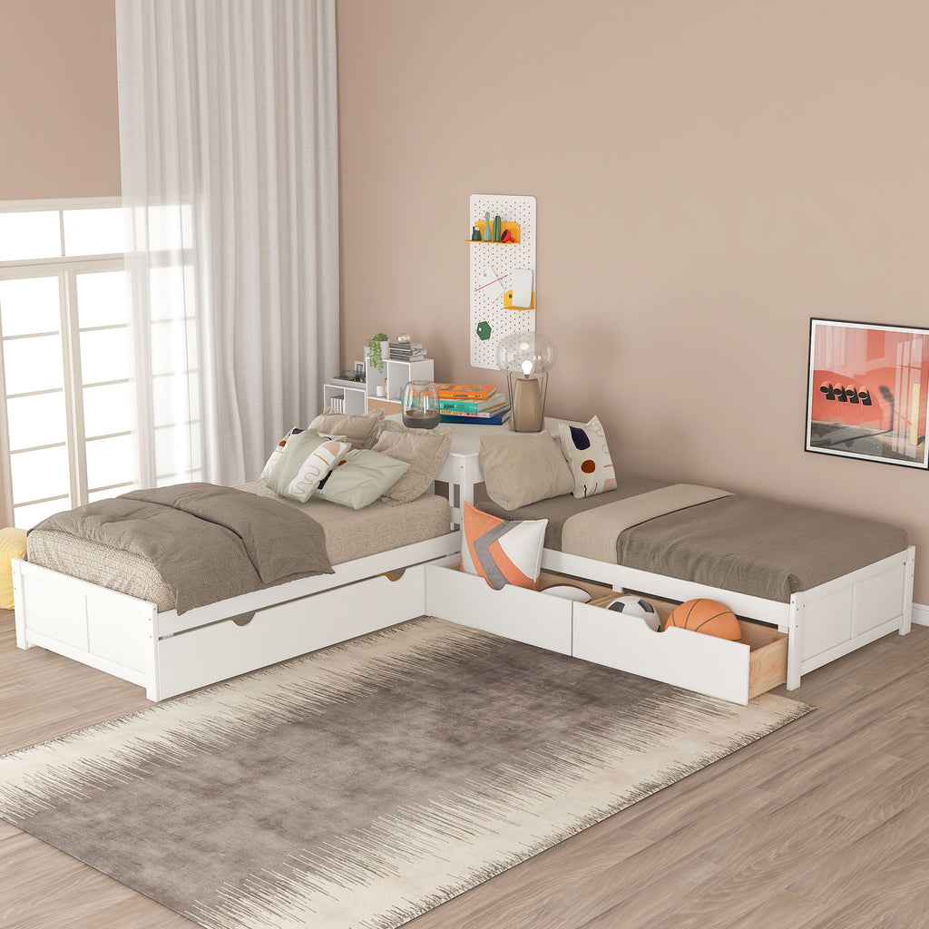 L-shaped Platform Bed with Trundle and Built-in Desk
