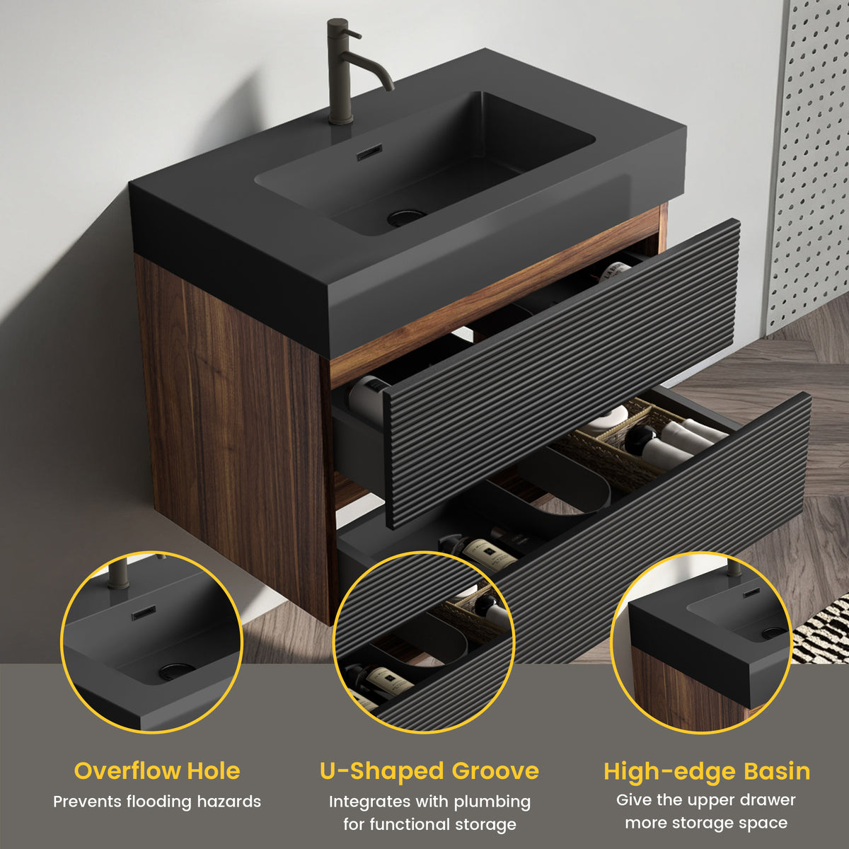 Grace 30-Inch Wall-Mounted Bathroom Vanity, Black and Walnut with Solid Surface Sink