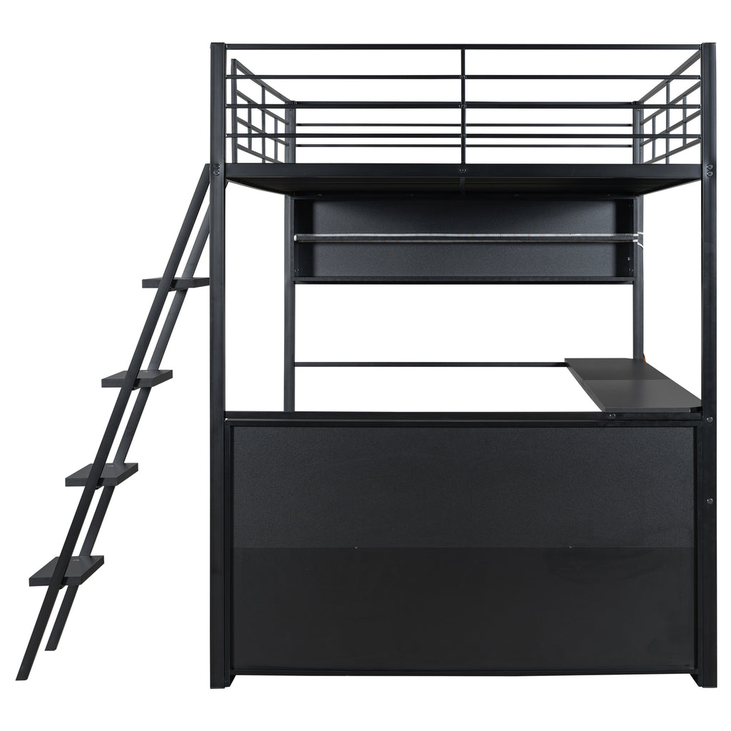 Full Size Metal Loft Bed With LED, Desk And 4 Storage Shelves