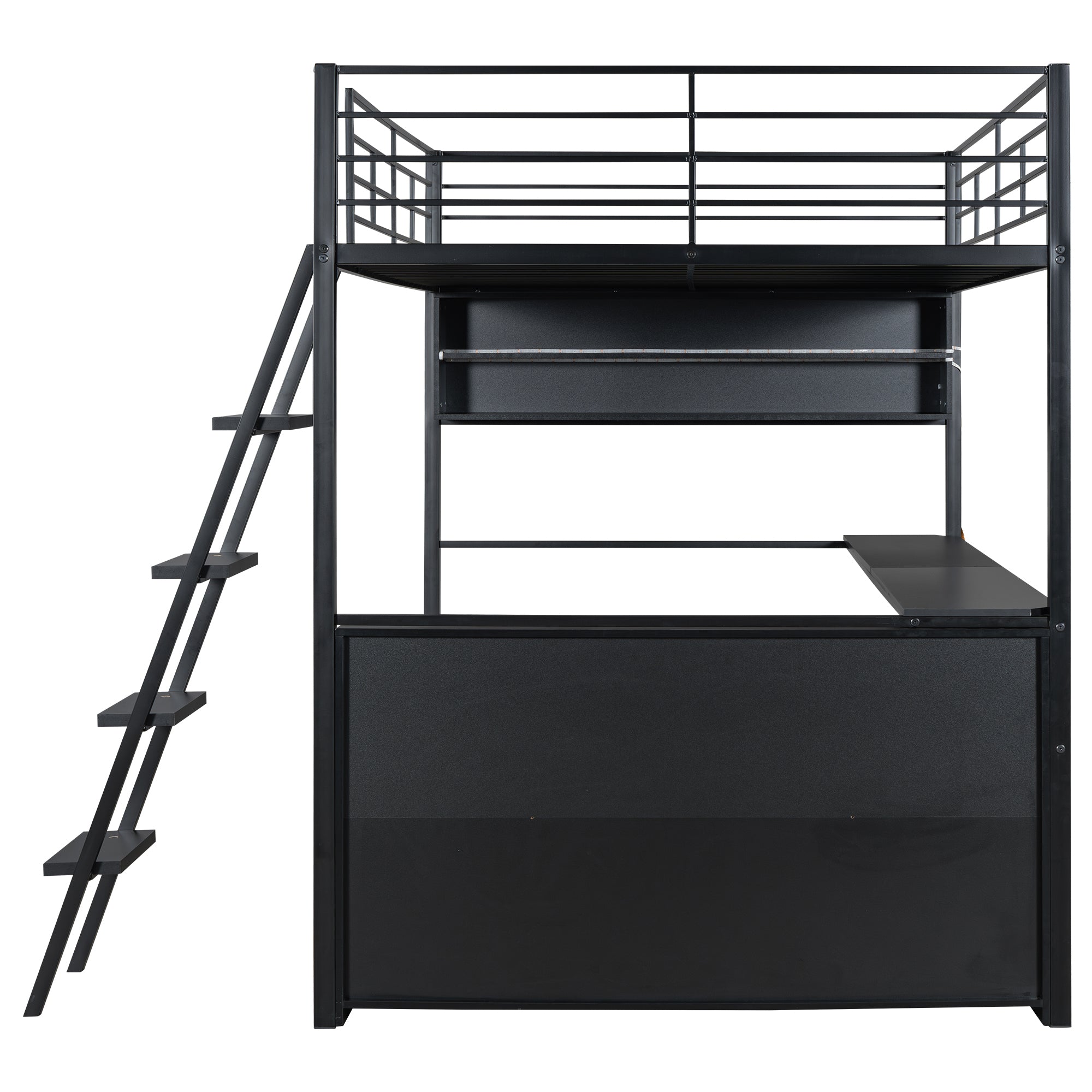 Full Size Metal Loft Bed With LED, Desk And 4 Storage Shelves