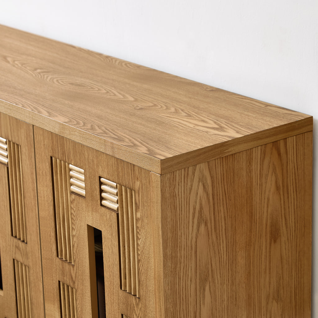 Mid Century Modern Sideboard Buffet Cabinet, 60.7-Inch, 4 Doors with Carved Design, Natural Wood