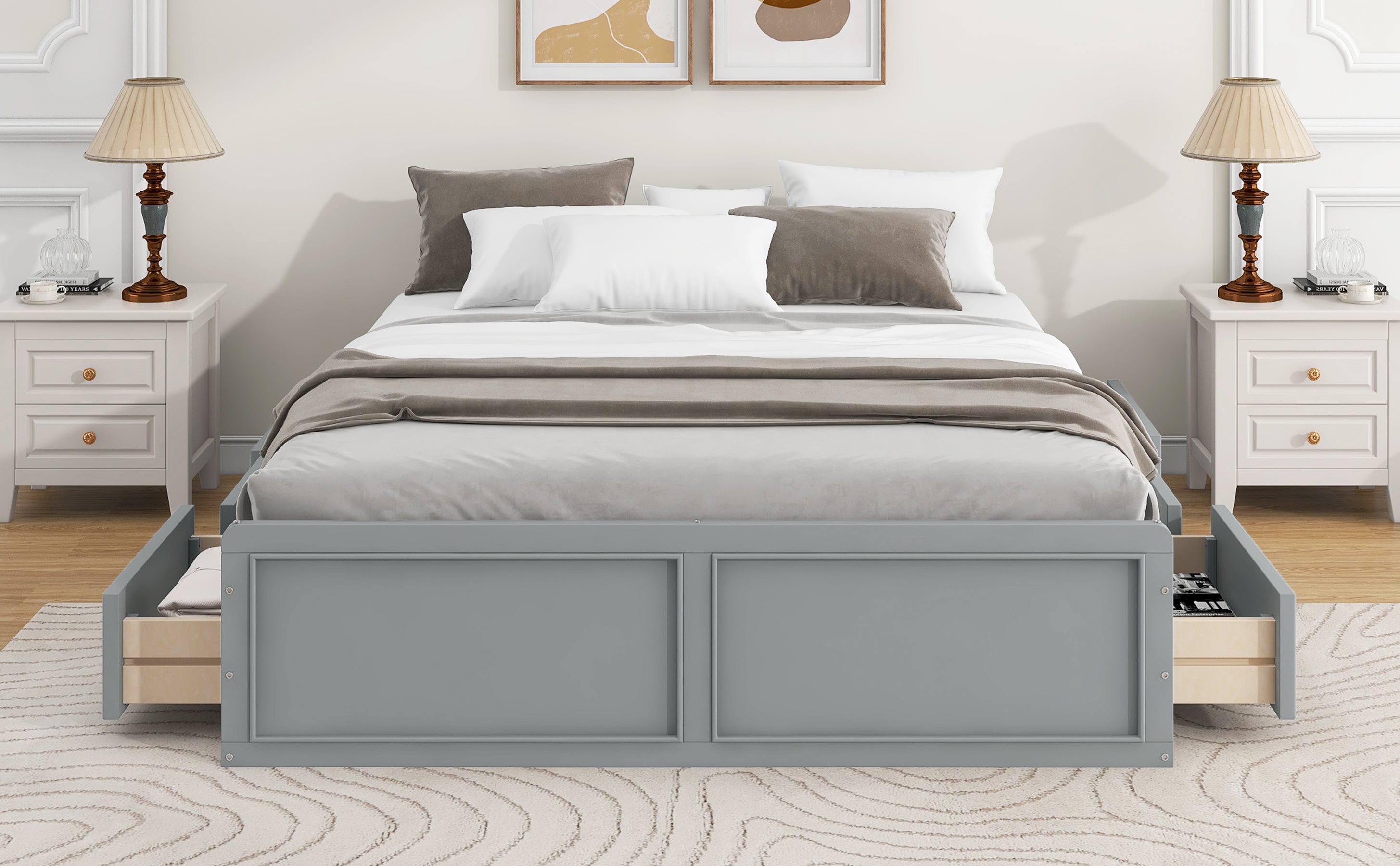 Wood Queen Size Platform Bed Frame with 6 Drawers