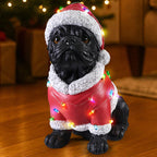 Christmas Pug Statue, Holiday Dog Figurine in Santa Outfit