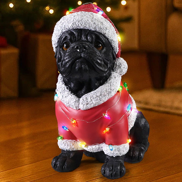 Christmas Pug Statue, Holiday Dog Figurine in Santa Outfit