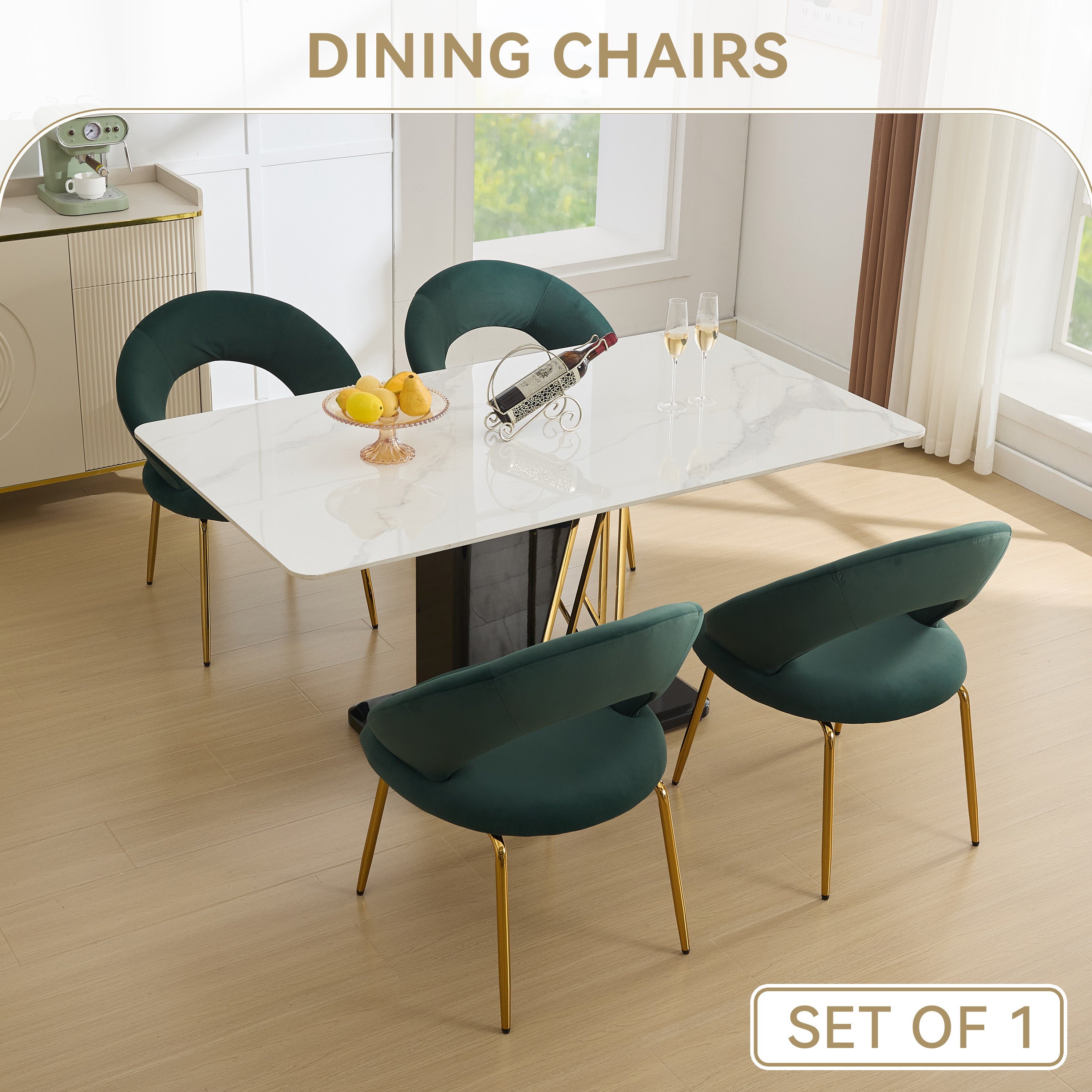 Velvet Fabric Dining Chairs With Curved Backrest and Golden Metal Legs