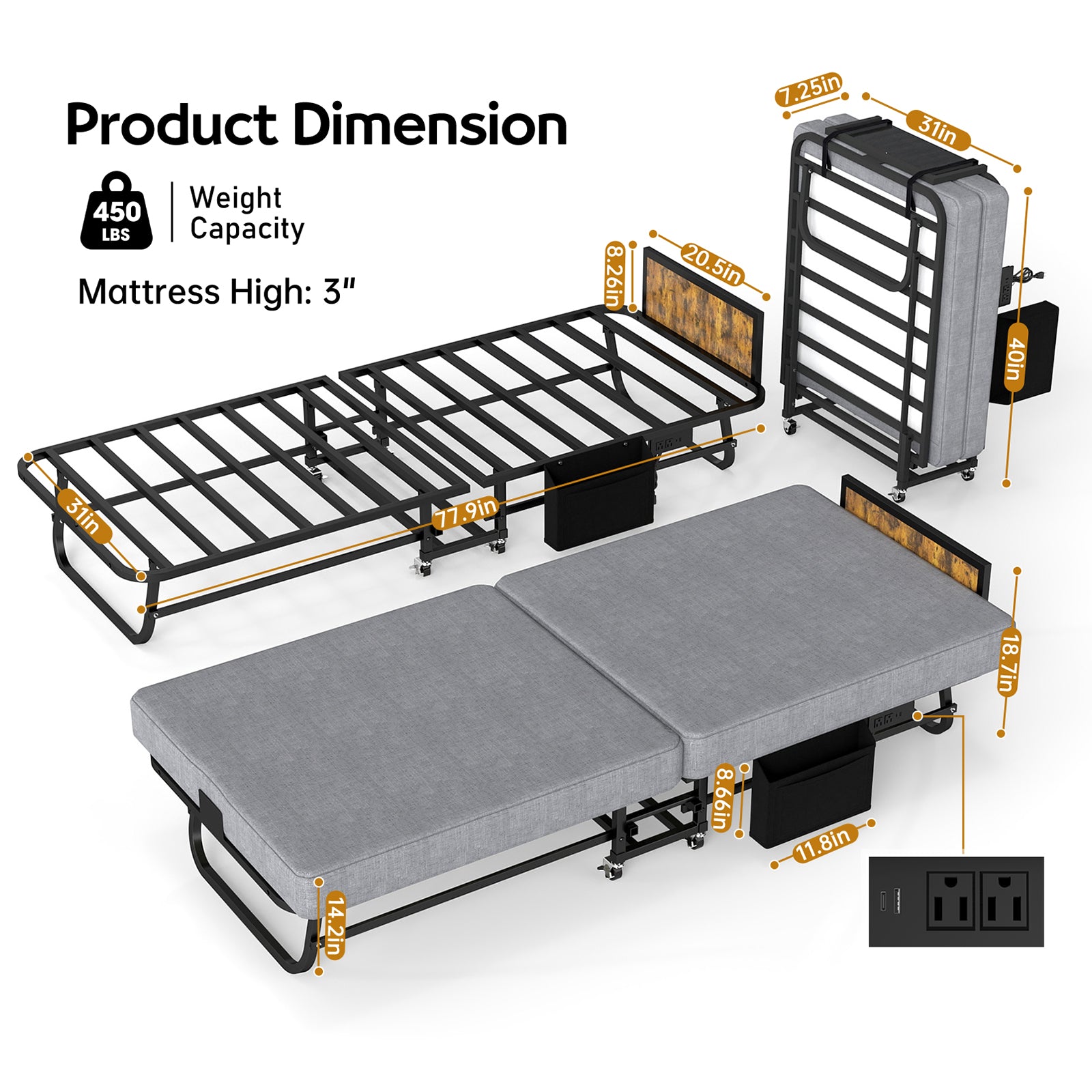 78" Folding Bed with Headboard & USB Charging Station