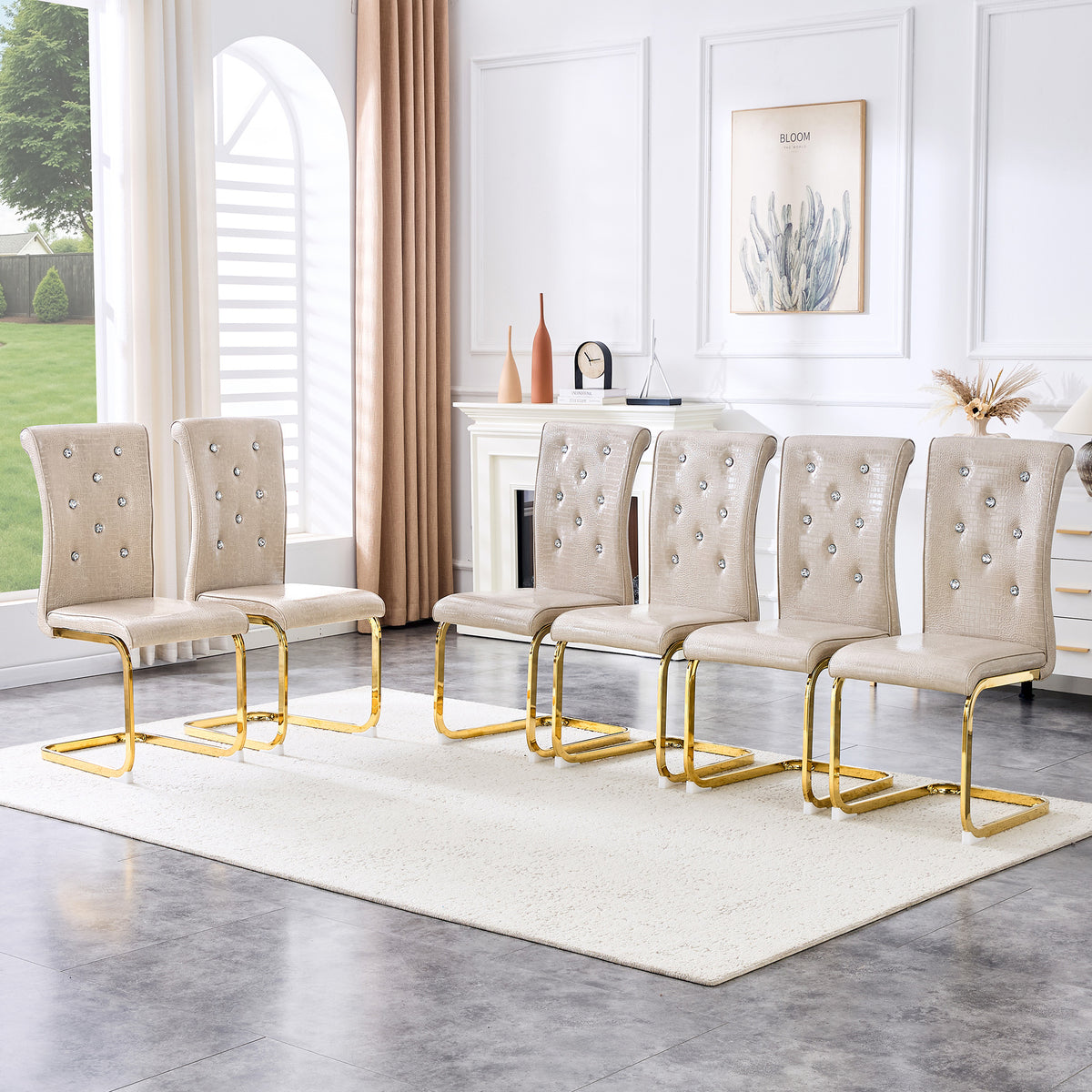 Set of 4 Retro Alligator Skin Dining Chairs, Beige Faux Leather with Crystal Buckles