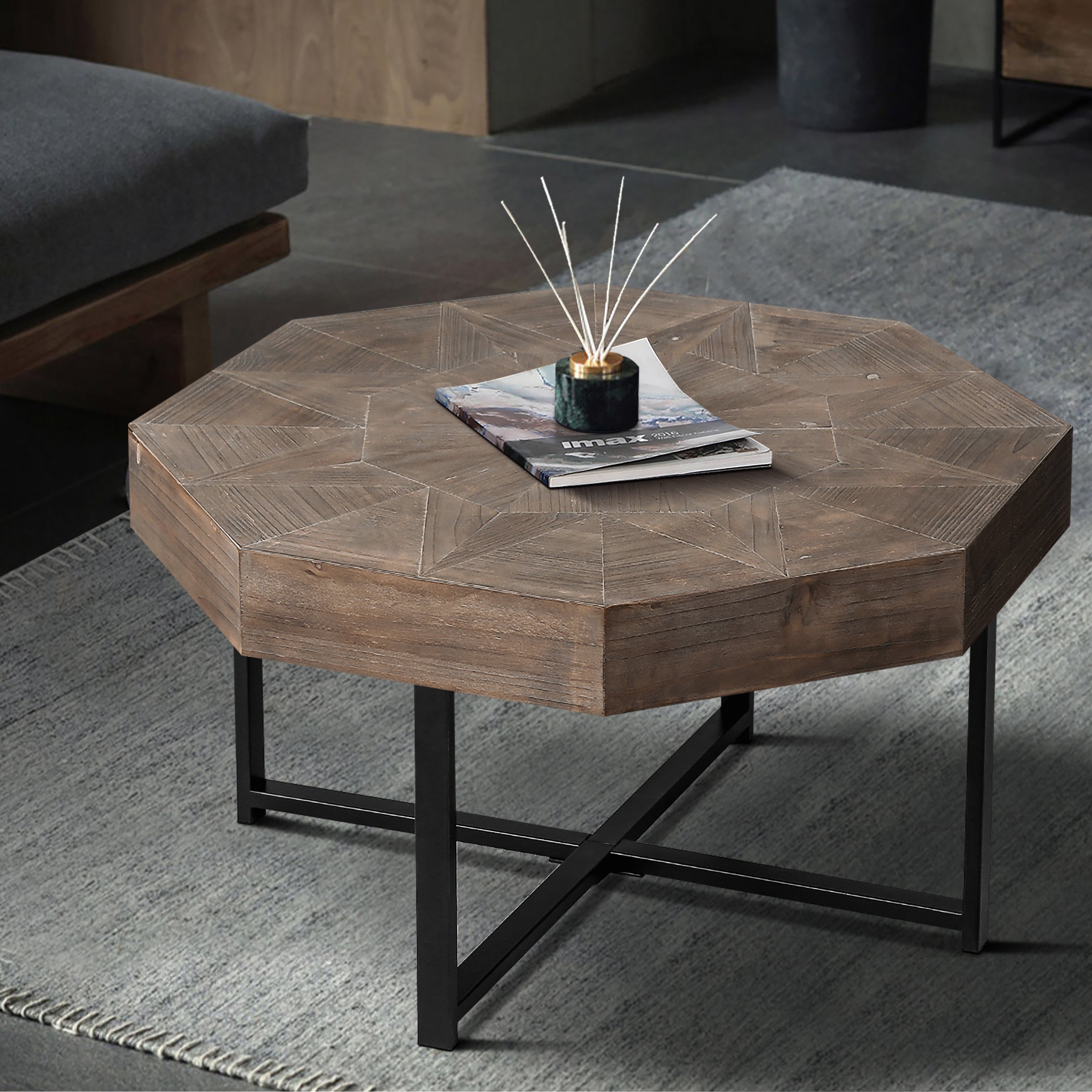 Wood Octagonal Vintage Patchwork Craft Farmhouse Coffee Table