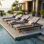 Black Iron + Teak Finish Outdoor Chaise Lounge Set with Dark