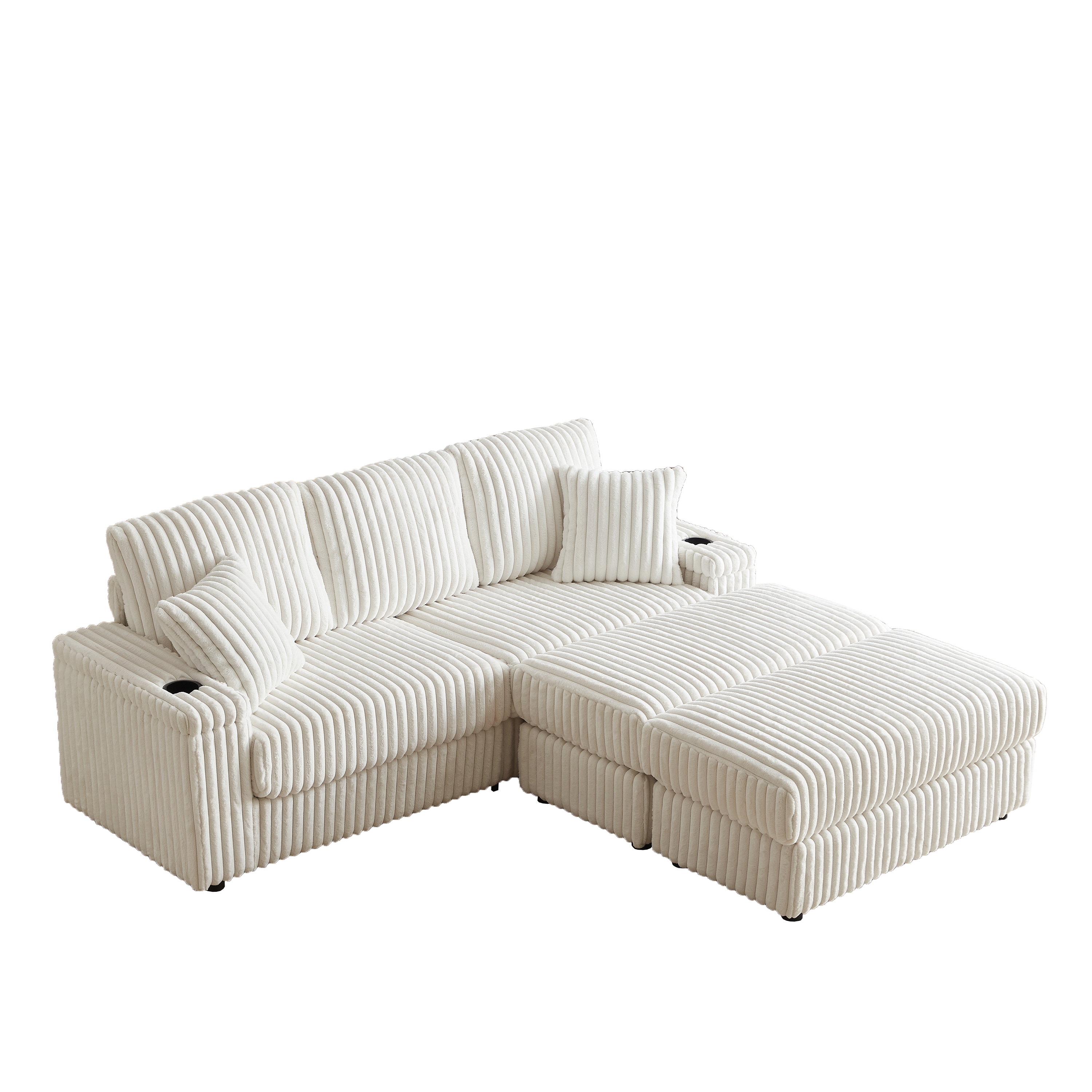 84-Inch Corduroy 3-Seater Sofa with Pillows and Ottomans