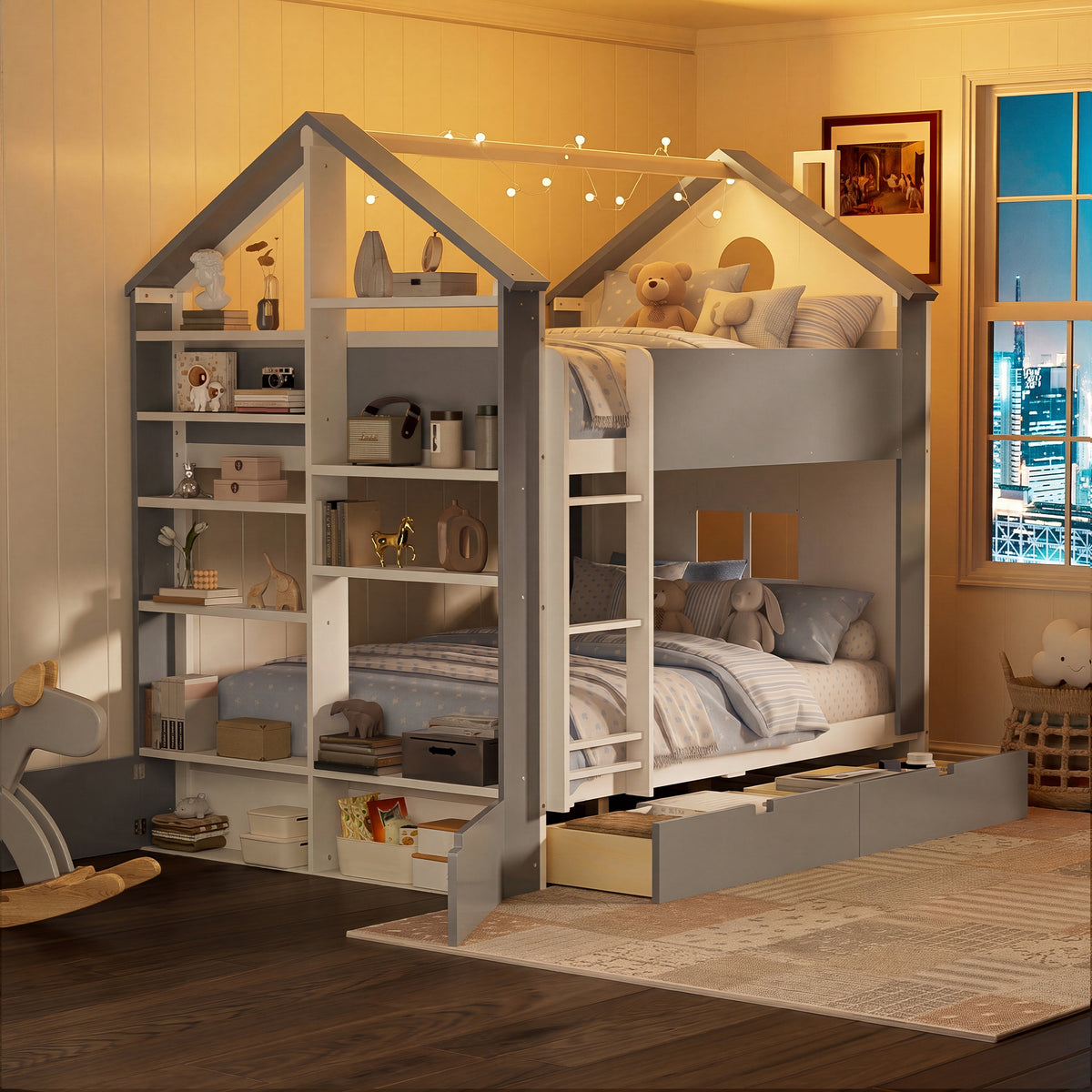 Full Size Bunk Bed with Storage Drawers & Shelves
