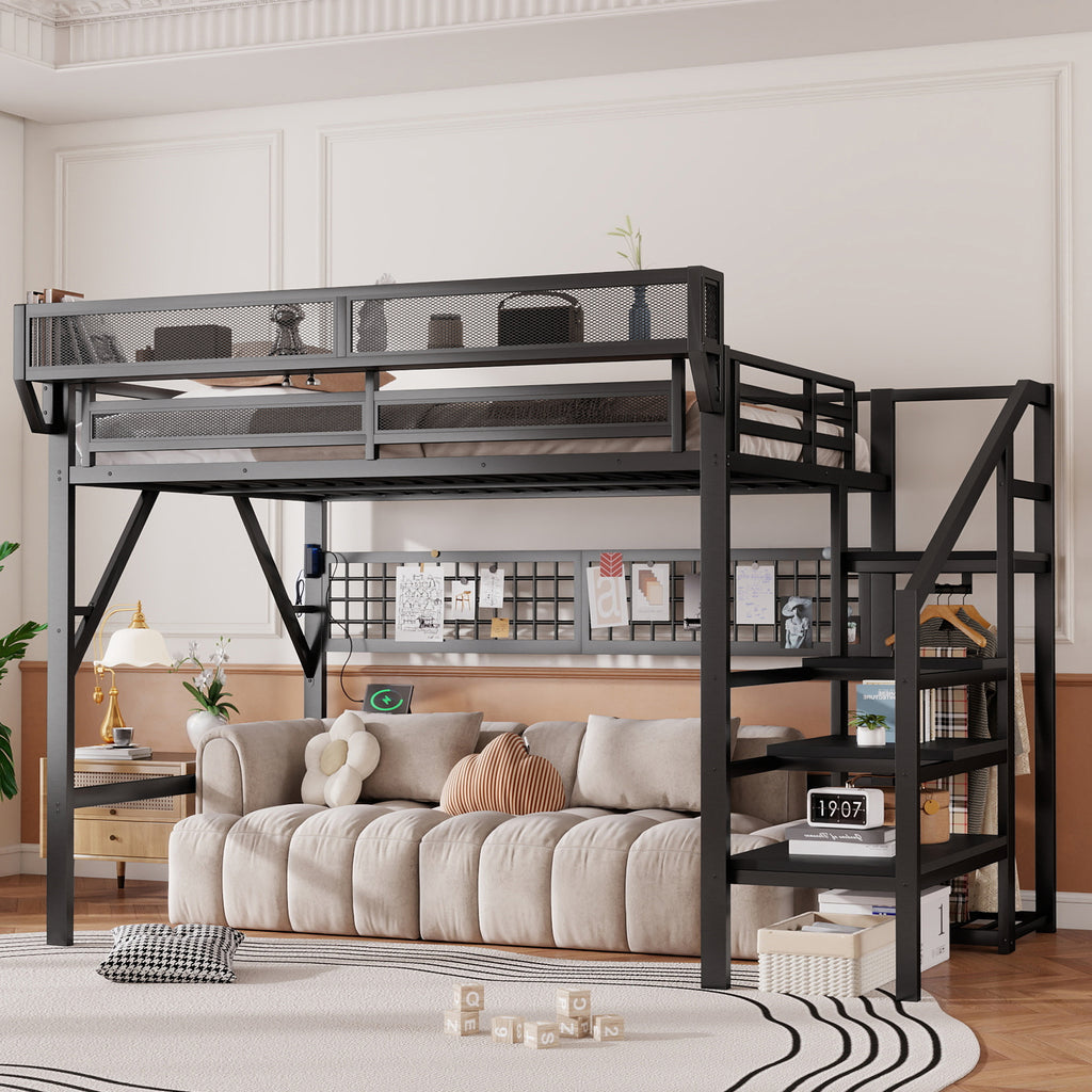 Queen Size Loft Bed with Stairs, Light, and Storage