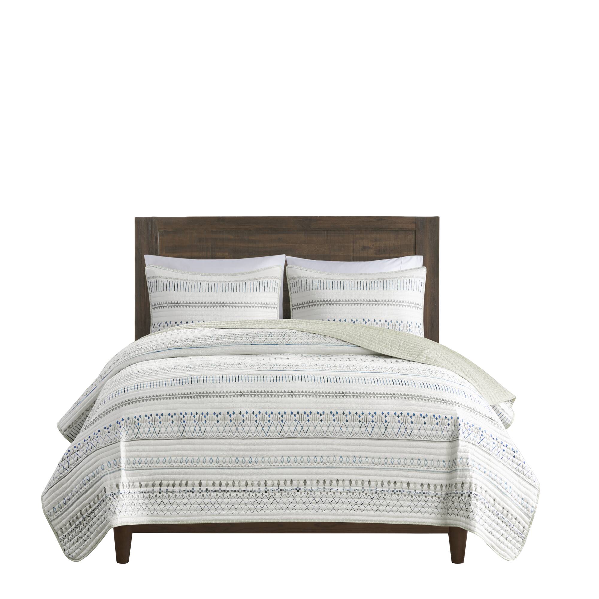 3 Piece Seersucker Quilt Set - Taupe/Blue King/California King