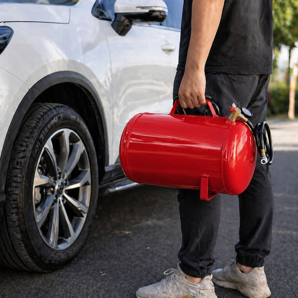 Portable 10 Gallon Air Tank, Lightweight Durable Air Compressor Tank with Pressure Gauge, Safety Valve and 43 Inch Hose for Easy Tool Connection