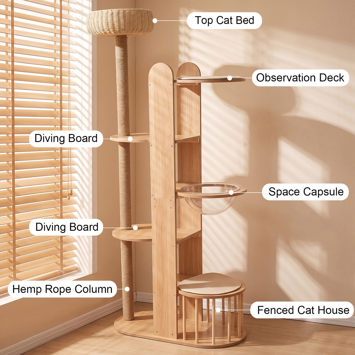 Multi-Level Wood Cat Tree Tower, 70.8" Tall Cat Activity Tree with Sisal Scratching Post, Space Capsule, Woven Top Bed & Fenced Cat House, Modern Indoor Cat Climbing Furniture