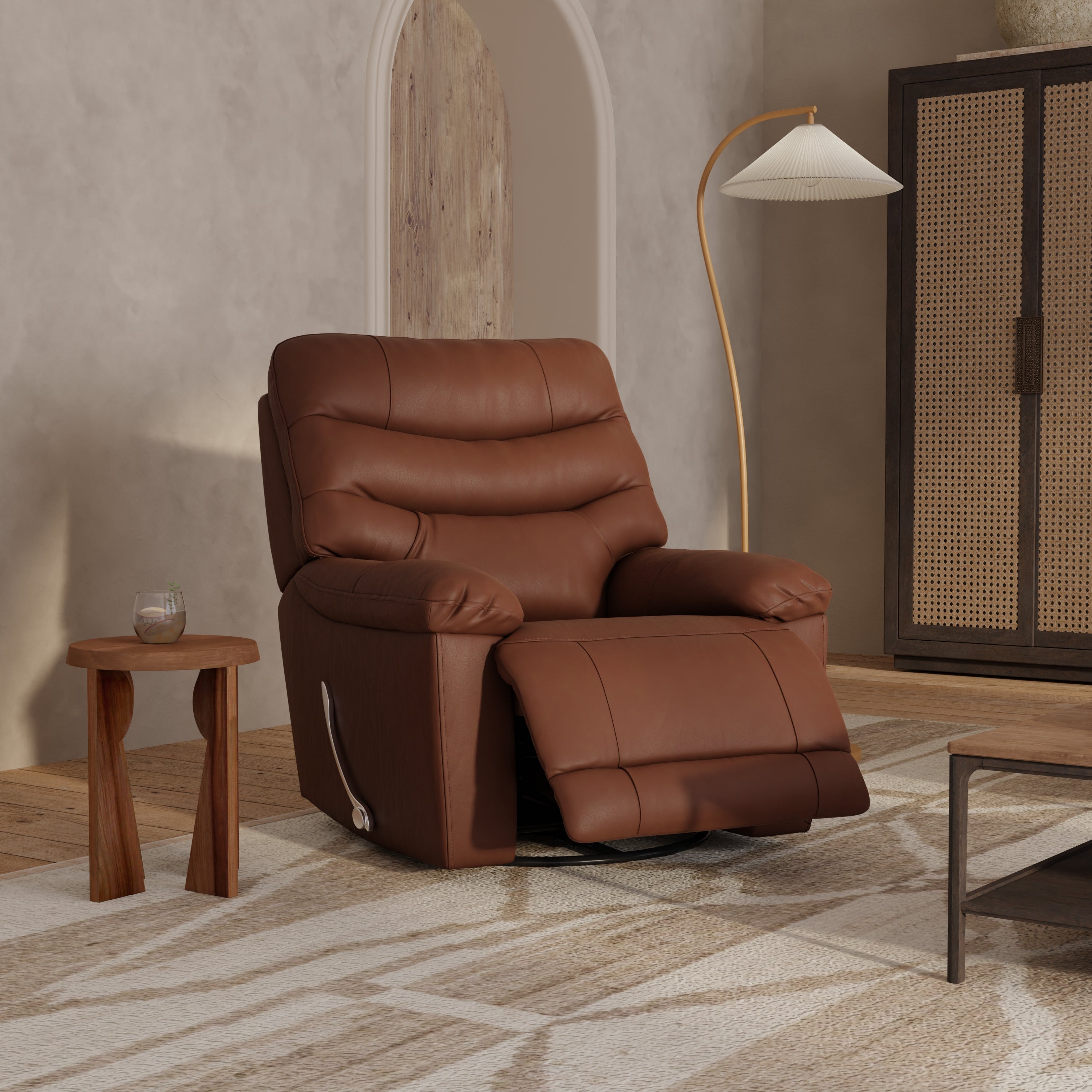 Global Home Swivel Glider Recliner with Manual Footrest In Oslo Pecan